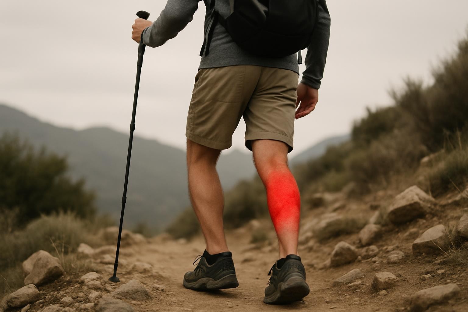 A person running or hiking with the calf area colored red to show leg pain, realistic style