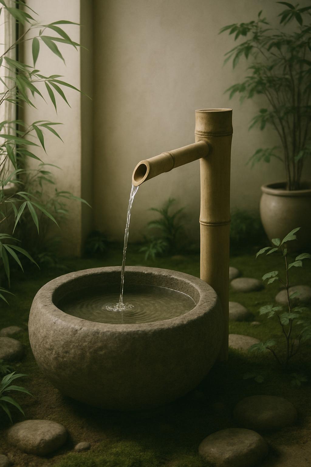 A serene indoor scene showcasing a traditional Japanese-style stone basin with water flowing from bamboo pipes.